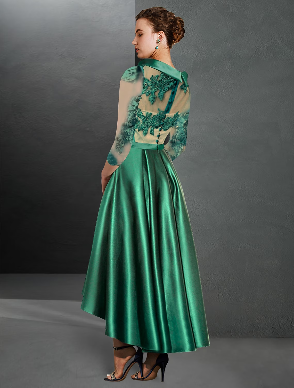 Elegant A-Line satin cocktail dress with jewel neck and 3/4 sleeves.