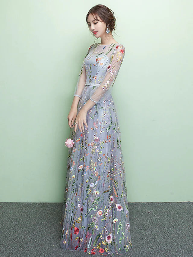 Back view of the floor-length A-line formal dress.