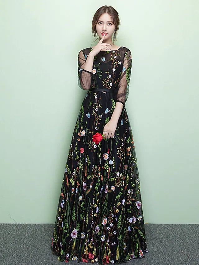 Side view of the A-line formal dress showing 3/4 sleeves.