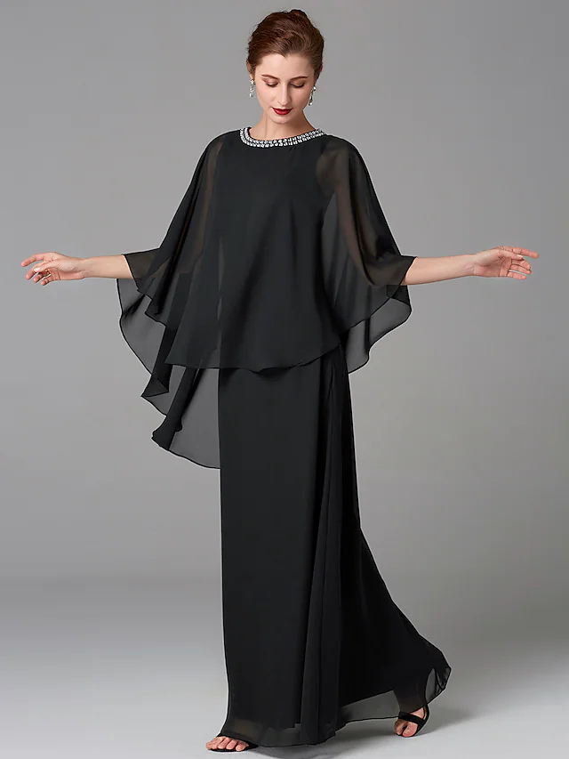 Elegant plus size A-line mother of the bride dress with jewel neck and beading.