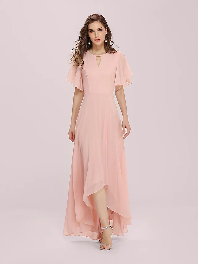 Elegant A-Line chiffon bridesmaid dress with jewel neck and high-low hem.