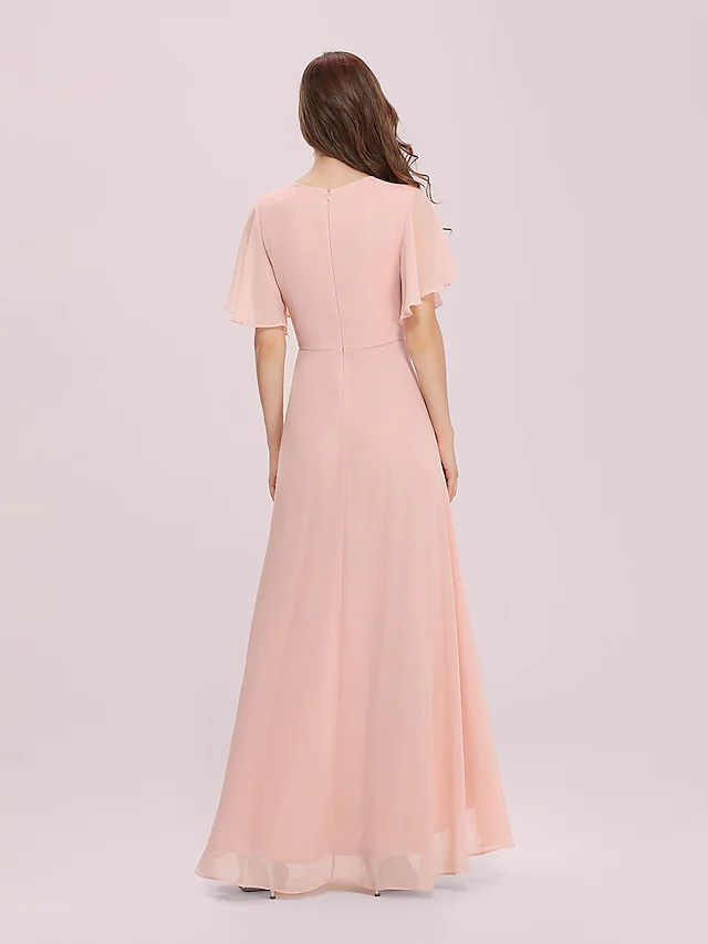 Back view of the A-Line chiffon bridesmaid dress, showcasing the high-low hem.