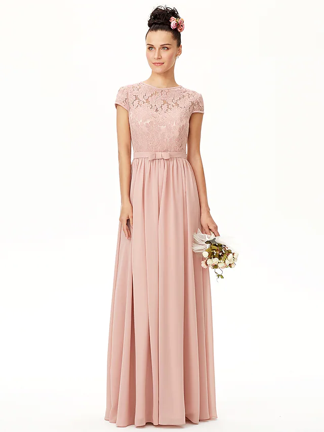 Elegant A-line jewel neck bridesmaid dress with sash and pleats.