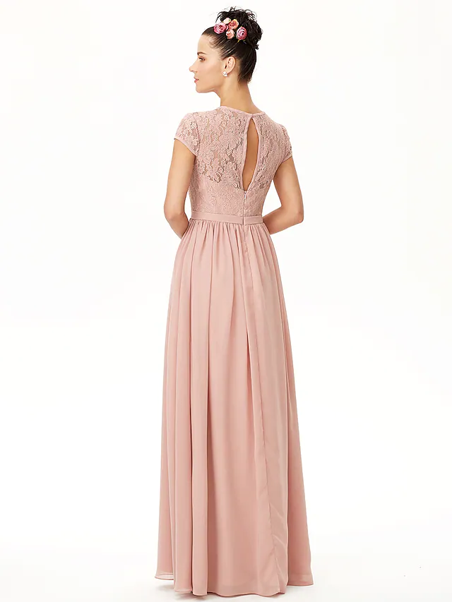 A-line chiffon lace bridesmaid dress, side view.