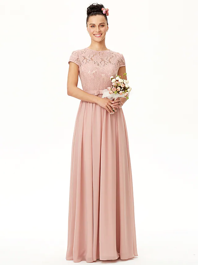 Floor length bridesmaid gown with jewel neck, back view.