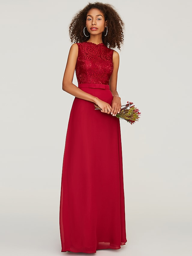Front view of an elegant A-line chiffon and lace bridesmaid dress with a jewel neck and sash.