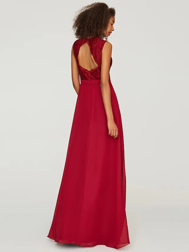 Back view of the A-line bridesmaid dress, highlighting the lace details and sash.