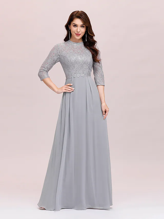 Elegant A-Line Mother of the Bride dress with jewel neck and chiffon lace.