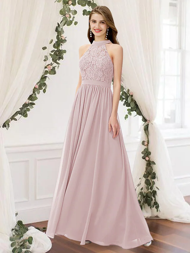 Elegant A-Line chiffon and lace bridesmaid dress with pleats.