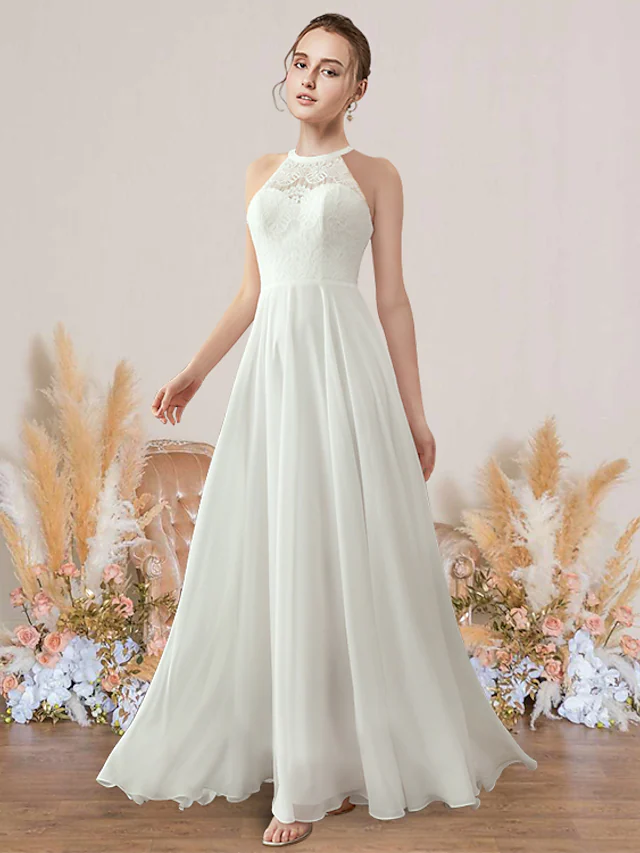 Elegant A-Line wedding dress with a jewel neck and floor-length chiffon lace skirt.