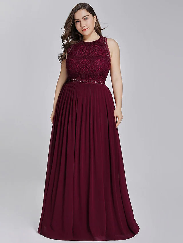 Elegant A-line chiffon prom dress with jewel neck and crystal embellishments.