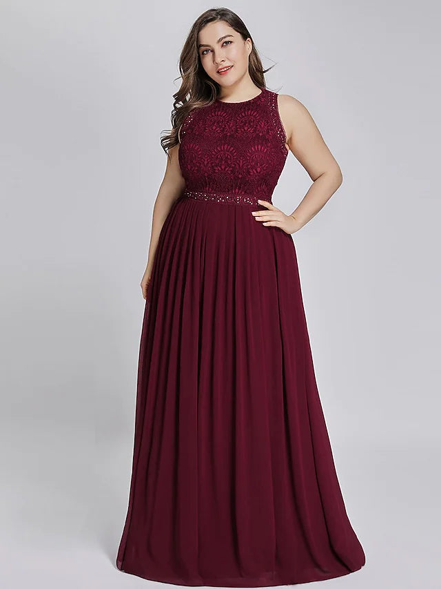 Back view of a floor-length sleeveless A-line prom dress.