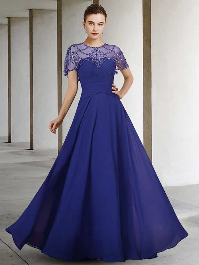 Elegant A-line mother of the bride dress with jewel neck, short sleeves, pleats, and beading.