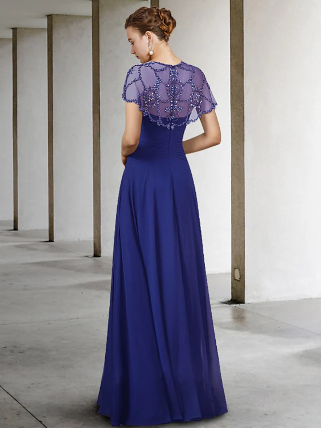 Side view of the elegant A-line chiffon mother of the bride dress.