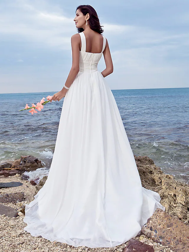 Back view of A-Line chiffon wedding dress with regular straps.