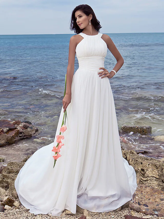 Full length view of A-Line formal beach wedding dress.