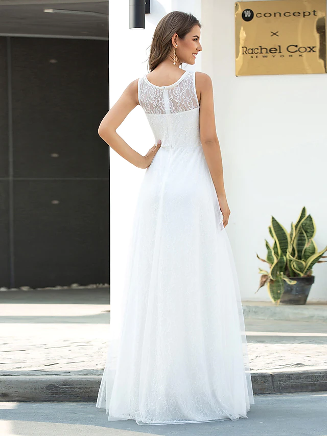 Back view of a sleeveless A-Line wedding dress.