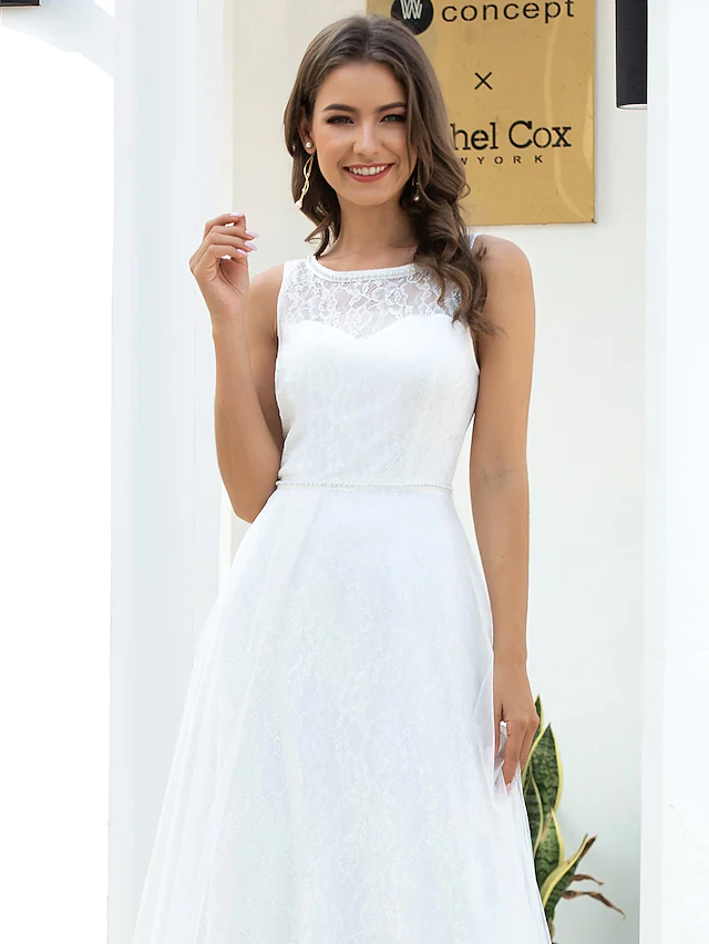 Full view of an elegant A-Line wedding dress for a casual ceremony.