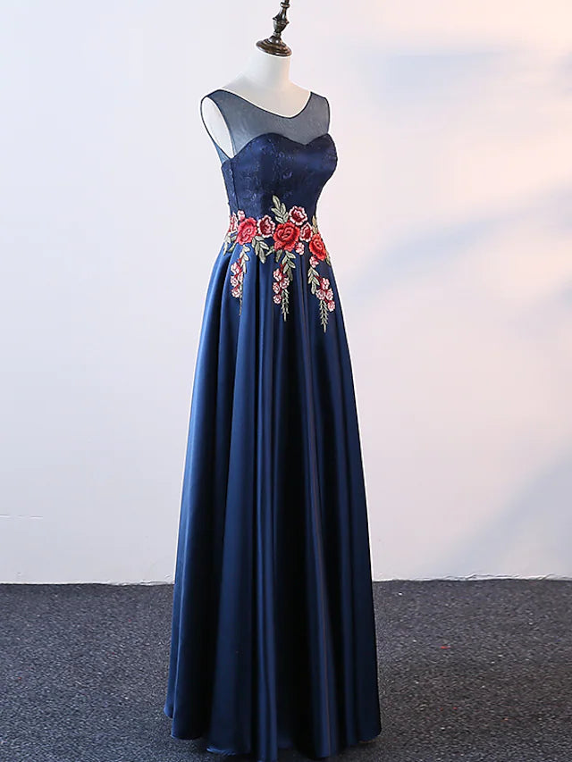 Elegant A-line satin evening gown with jewel neck and embroidery.