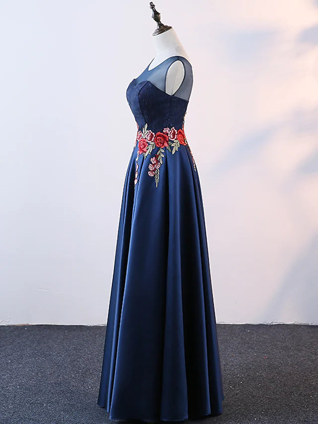 Back view of the floor-length A-line satin dress.