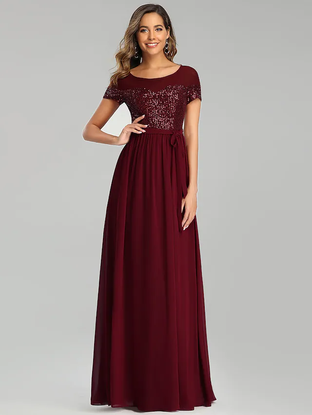 Elegant A-Line chiffon bridesmaid dress with jewel neck and sash.