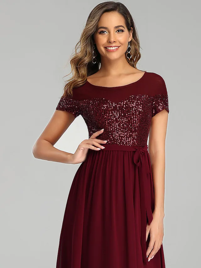 Side view of elegant A-Line chiffon bridesmaid dress with sparkle.