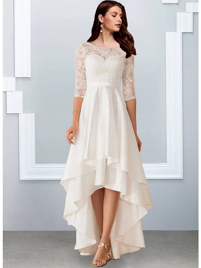 Side view of the A-Line wedding dress, showing chiffon and lace fabric.
