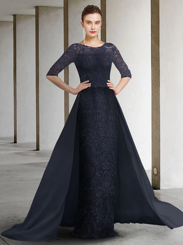 Elegant A-Line Mother of the Bride dress with jewel neck and half sleeves.