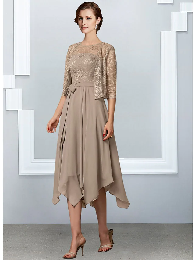 Elegant A-line mother of the bride dress with jewel neck, half sleeves, and pleats, front view.