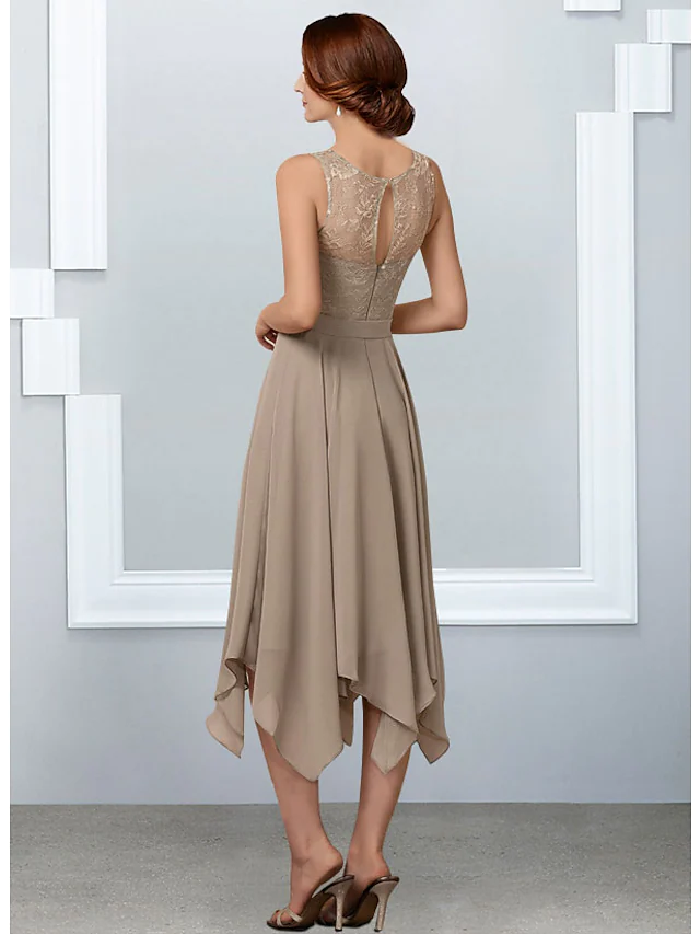 Back view of the A-line mother of the bride dress, showcasing chiffon lace and tea length.