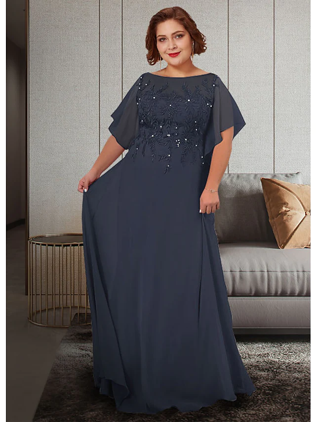 Plus size A-line Mother of the Bride dress with jewel neck, half sleeves, chiffon lace, and appliques.