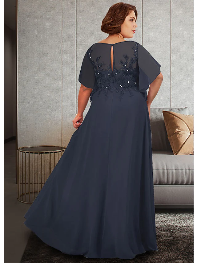 Back view of the elegant plus size A-line Mother of the Bride dress.