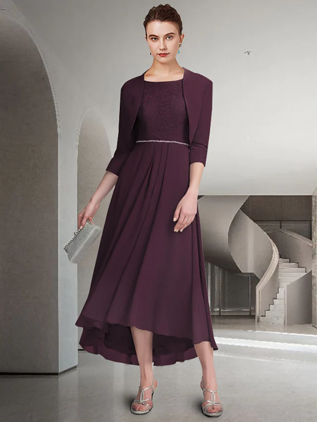 Elegant A-line Mother of the Bride dress with jewel neck, half sleeves, and sequin details.