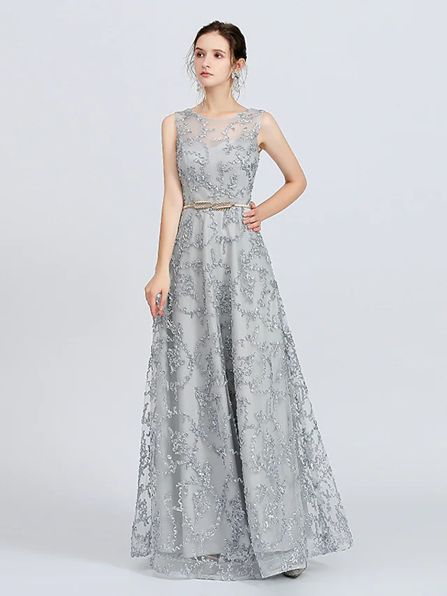 Elegant A-line lace bridesmaid dress with jewel neck and sash.
