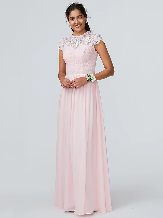 Elegant A-line chiffon bridesmaid dress with jewel neck and lace details.