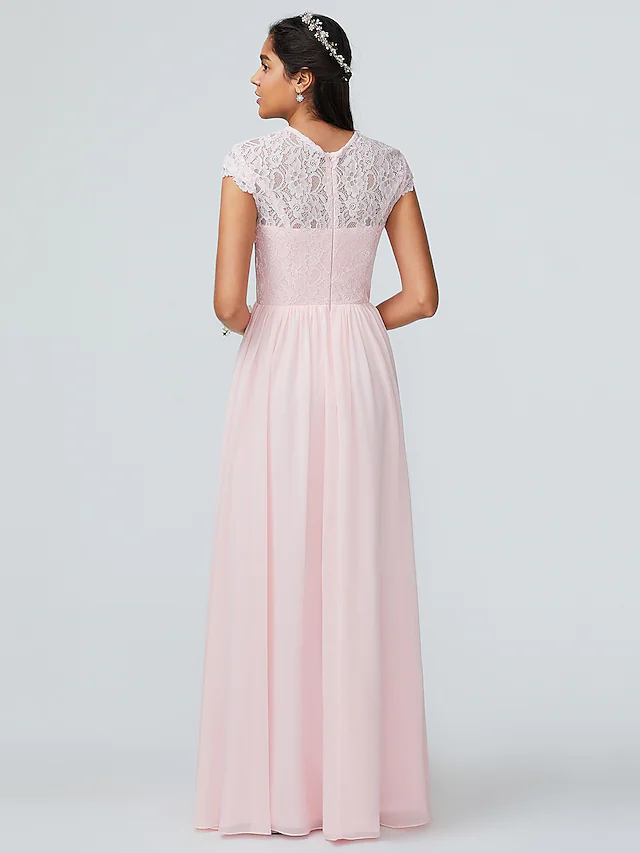 Full view of the A-line floor-length chiffon bridesmaid dress.