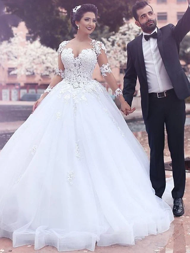Elegant A-Line wedding dress with jewel neck, lace long sleeves, and court train.