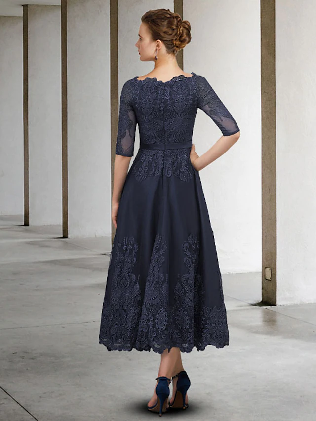 Ankle-length lace tulle Mother of the Bride gown featuring delicate appliques.