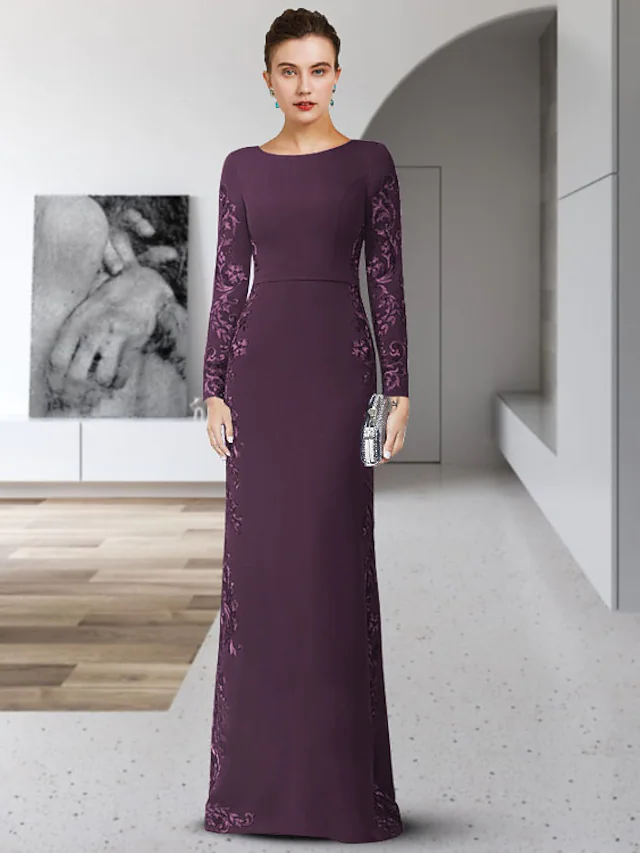 Elegant Mother of the Bride dress with jewel neck, long sleeves, chiffon, lace, and sash.