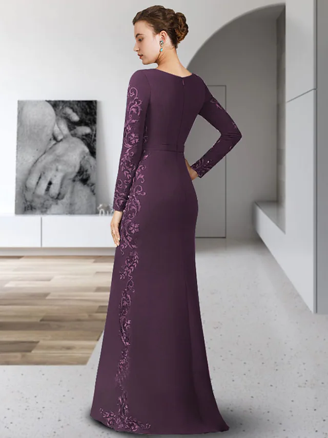 Elegant Mother of the Bride dress, full length, showcasing back and side details.