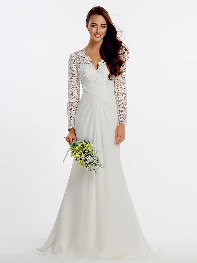 Elegant A-line wedding dress with jewel neck and long sleeves.