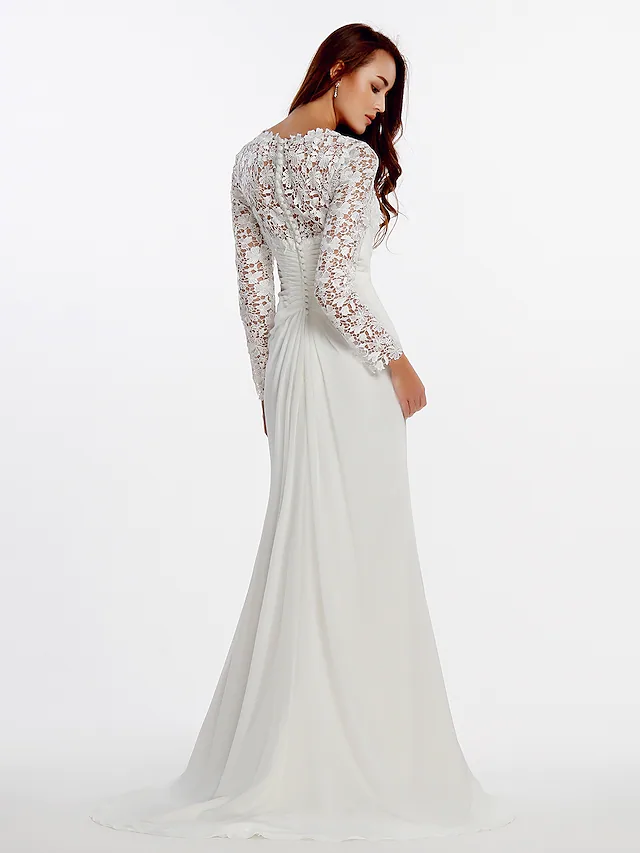 Back view of the satin A-line wedding dress with chapel train.