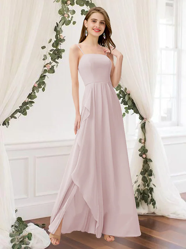 Pink A-line chiffon bridesmaid dress with jewel neck and pleats.