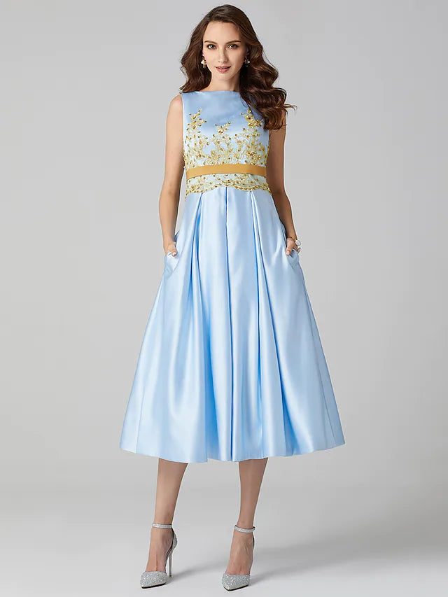 Elegant light blue A-line tea length dress with jewel neck.