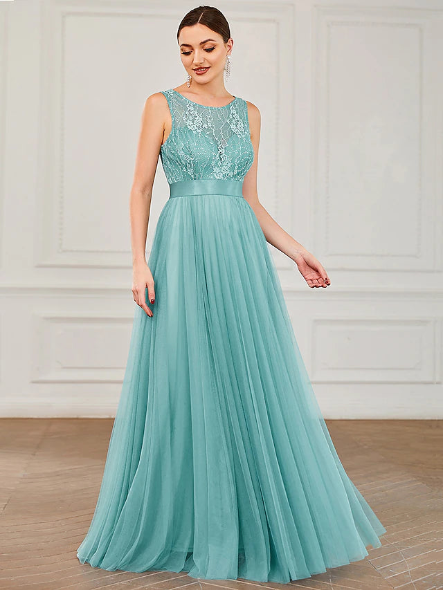 Elegant A-line jewel neck sequin tulle floor length prom dress.