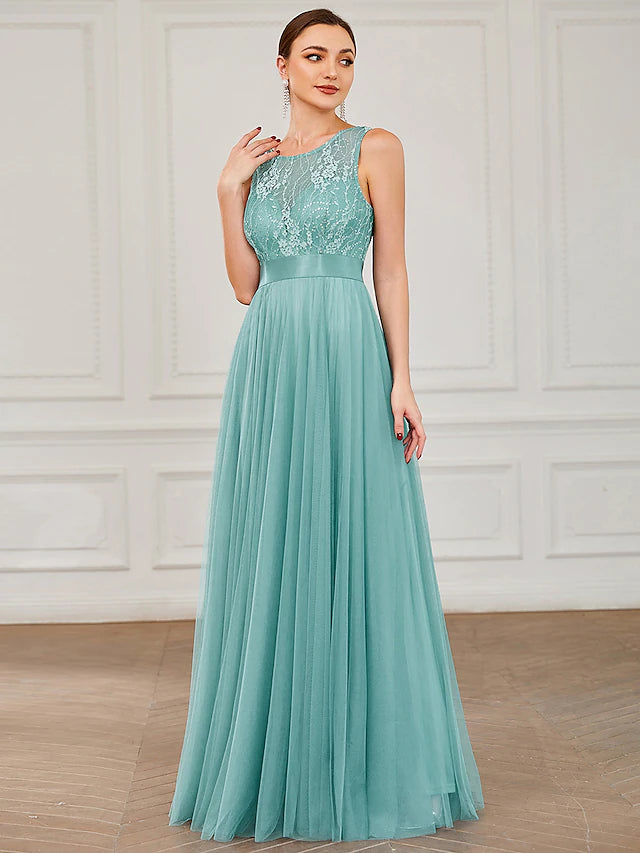 Back view of the A-line sequin tulle formal gown.