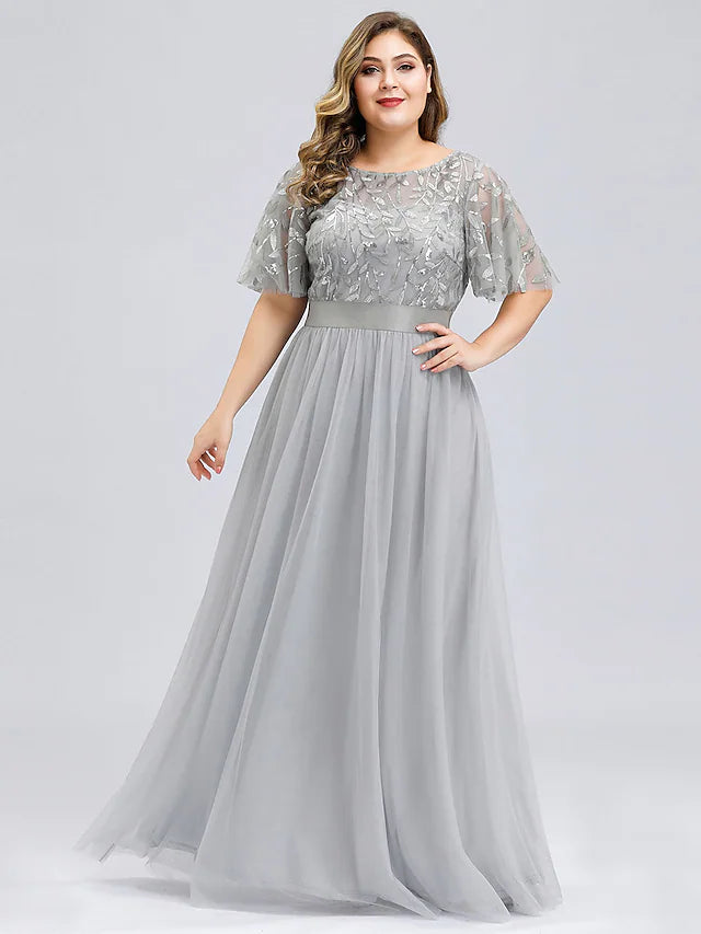 Elegant A-line chiffon prom dress with jewel neck and short sleeves.