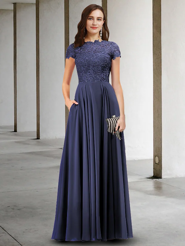 Elegant A-Line Mother of the Bride dress with jewel neck and short sleeves.