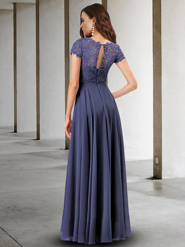 Floor-length A-Line dress featuring chiffon lace and subtle pleats.