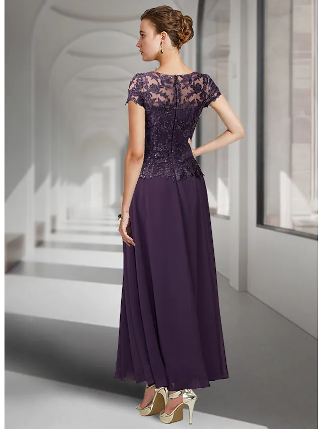 Back view of an A-Line chiffon lace Mother of the Bride dress with pleats and appliques.